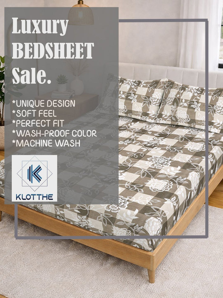 KLOTTHE Beige & White Printed 300 TC Double Bedsheet With 2 Pillow Covers- 2.5 m x 2.25 m
