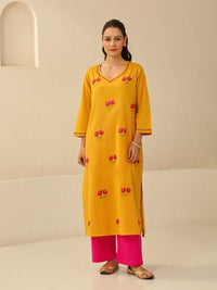Rumah Chikankari Wanita Mustard Kuning Kapas Chikankari Sulam Kurta