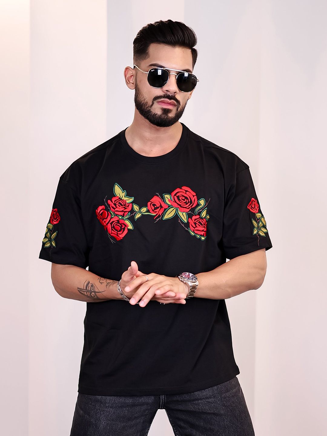 Eszett Lelaki Floral Printed Leher Bulat Kapas Bersaiz Besar T-shirt