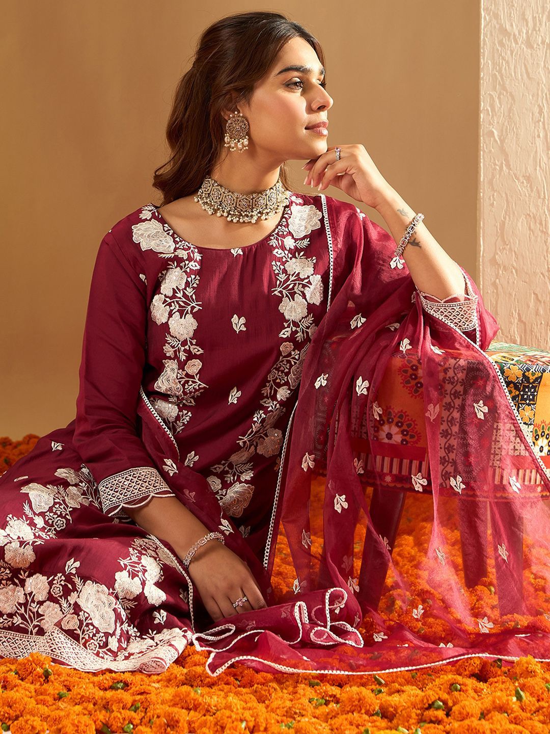Indo Era Floral Embroidered Straight Thread Work Kurta with Trousers & Dupatta