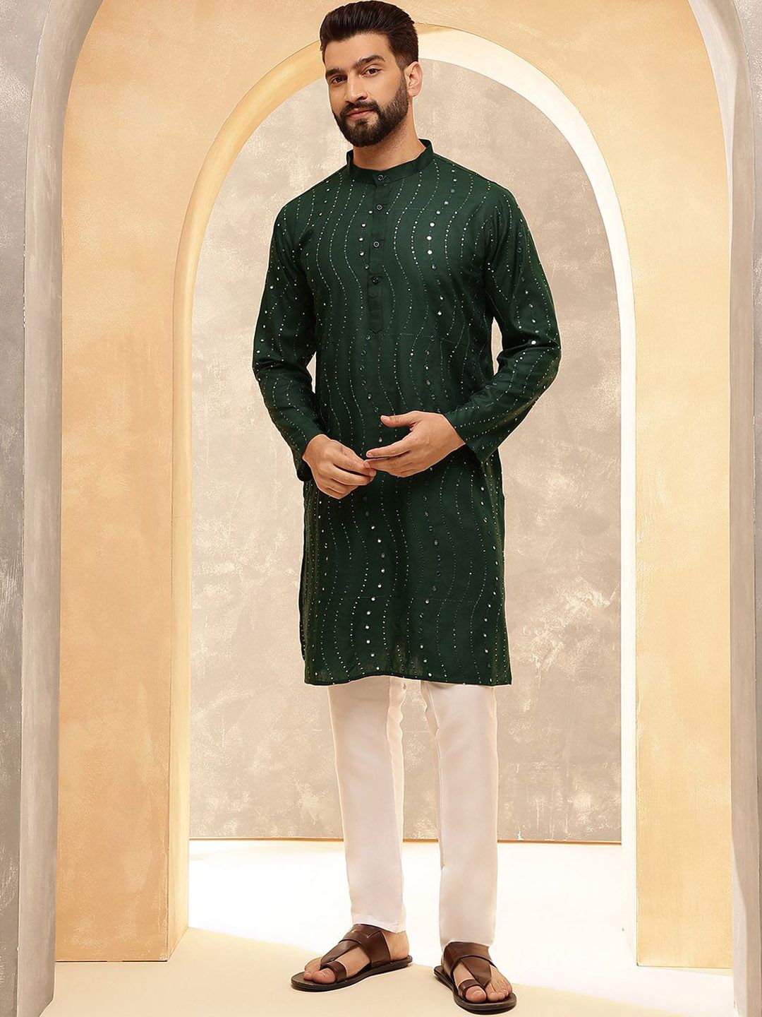 Anouk Green Floral Sulam Kolar Jalur Labuci Kapas Kurta Lurus