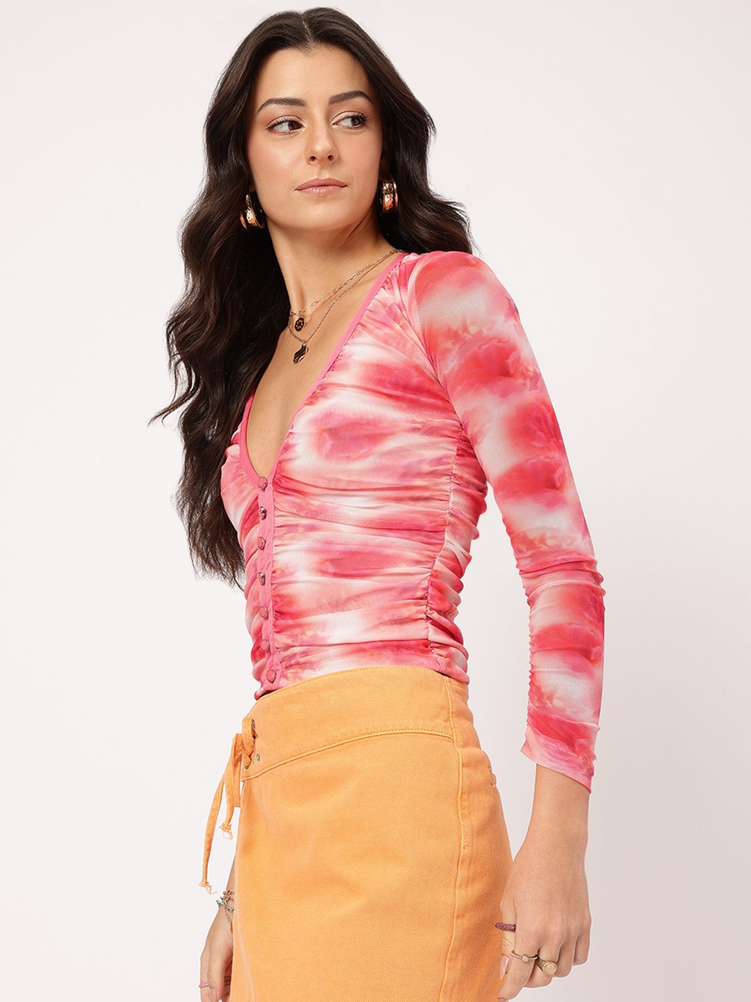 DressBerry Blank Canvas Tie & Dye Printed Ruched Net Top