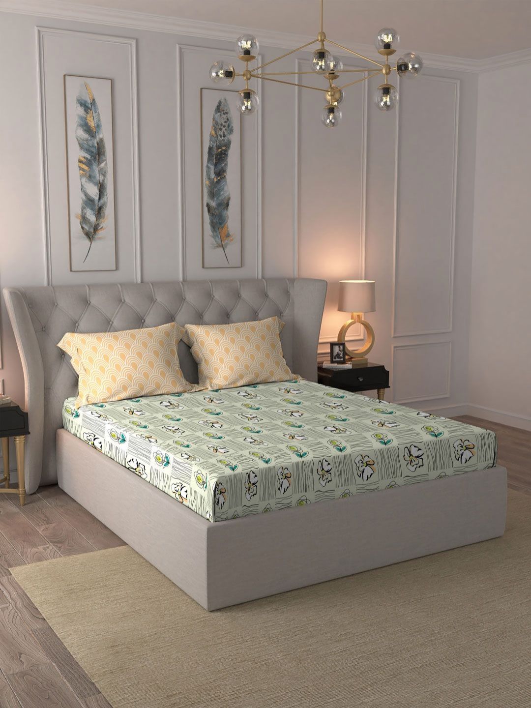 TRIDENT Poppy Green Moments Flat 120TC Queen Cotton Bedsheet Set