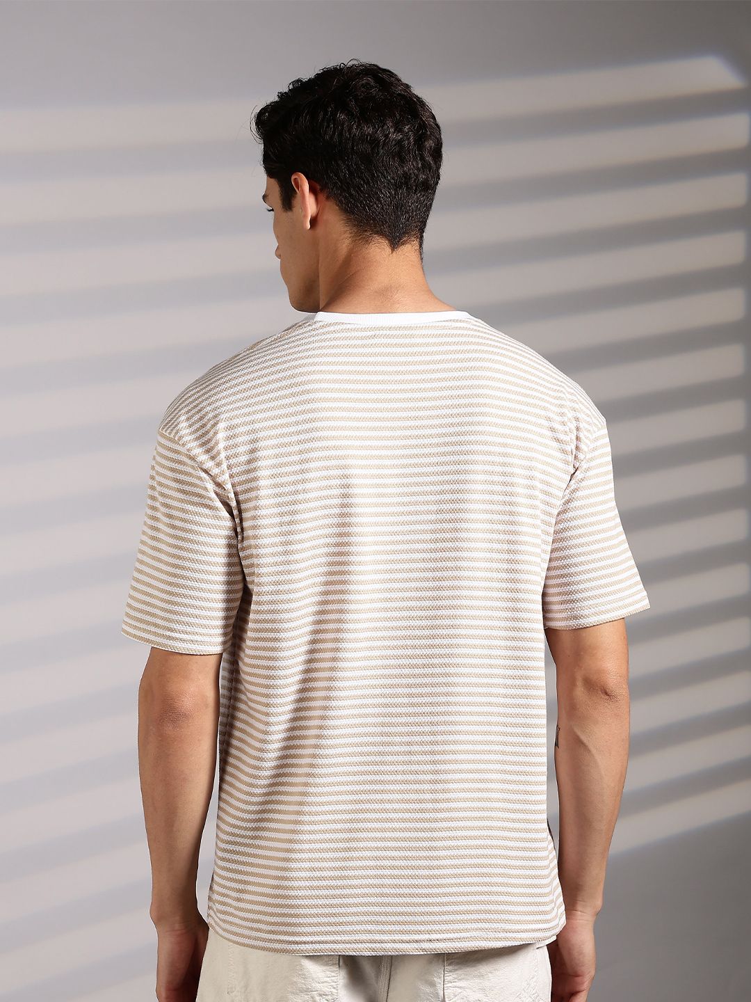 Eszett Drop Shoulder Vintage Ride Cream Striped Embroidered Cotton Round Neck Oversized Fit T-shirt