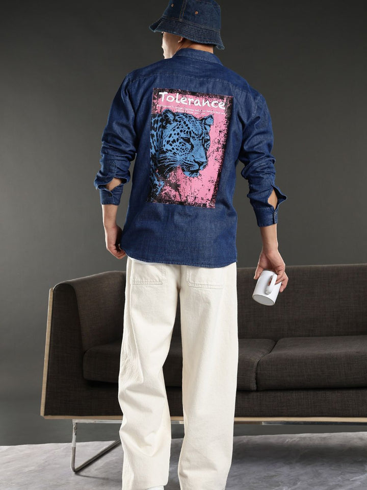Eszett Graphic Printed Spread Collar Denim Casual Shirt
