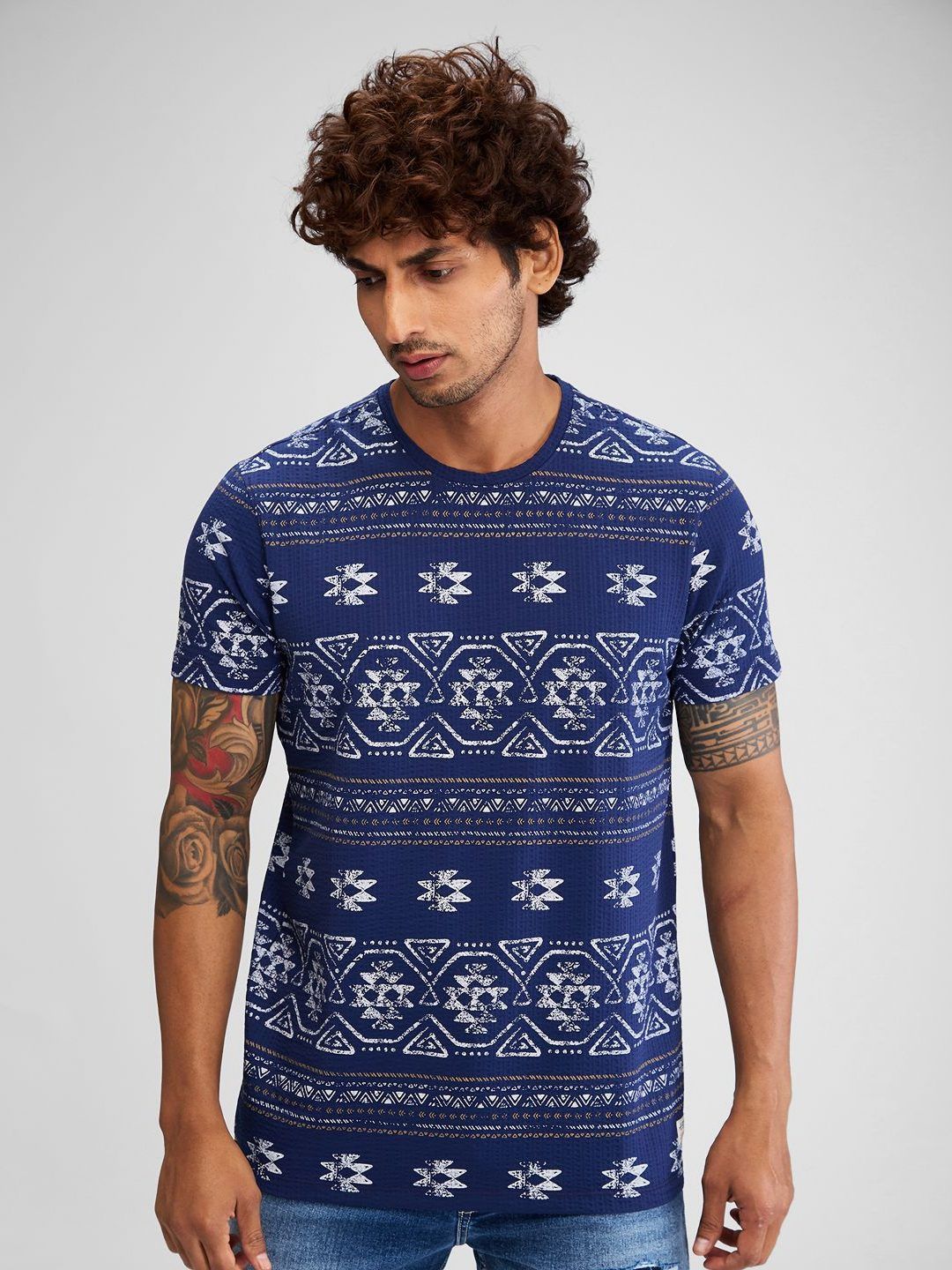 SPYKAR Tribal Printed Raw Edge Slim Fit T-shirt