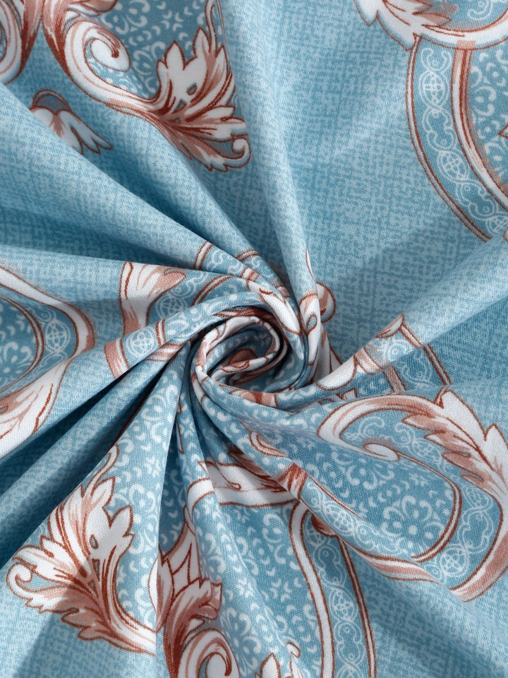 Aura Blue Ethnic Motifs Polycotton 300 TC Fitted King Fine Bedsheet dengan 2 Sarung Bantal-98 x 89 inci