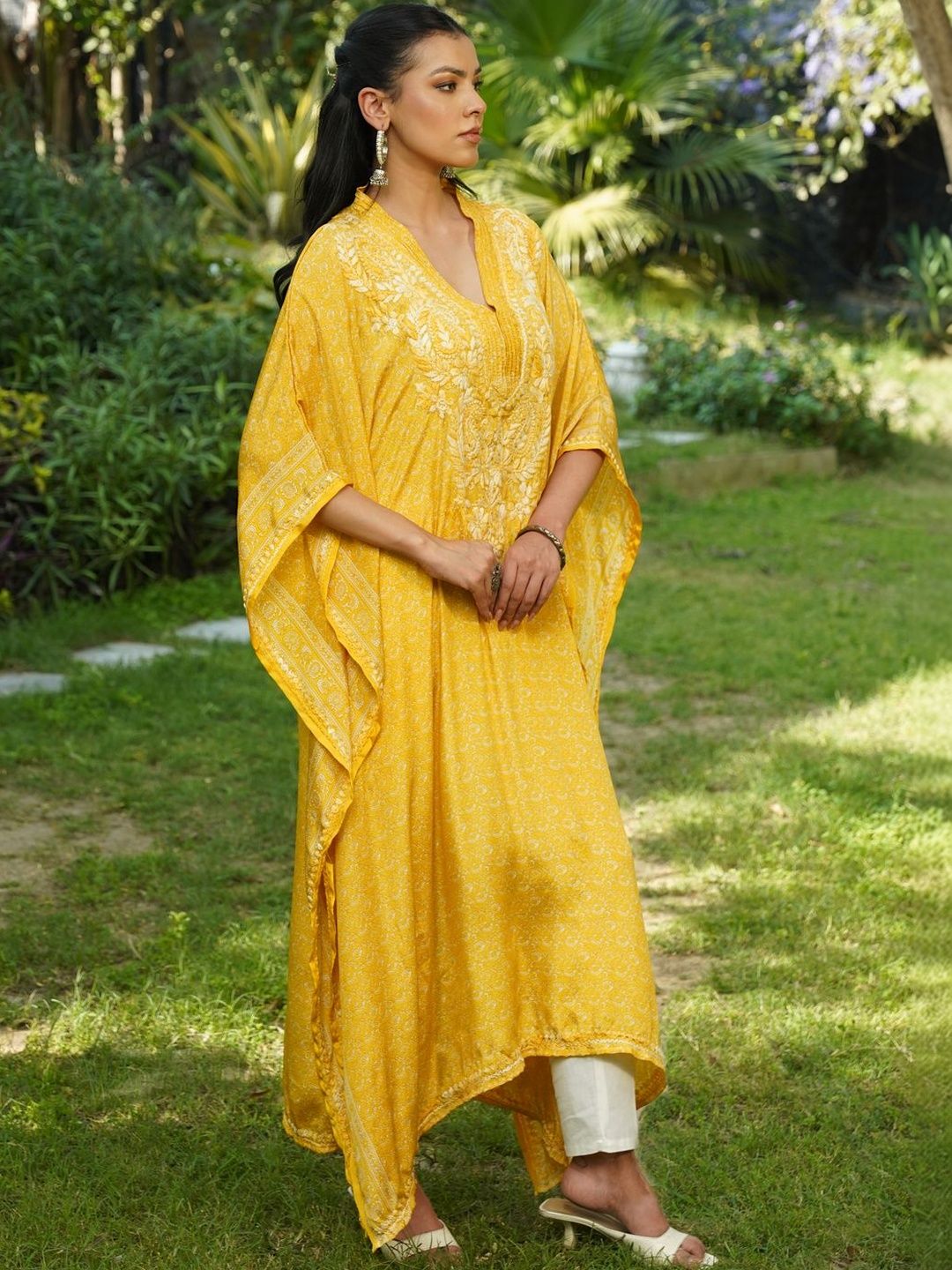 House of Chikankari Women Printed Chikankari Crepe Kaftan Kurta