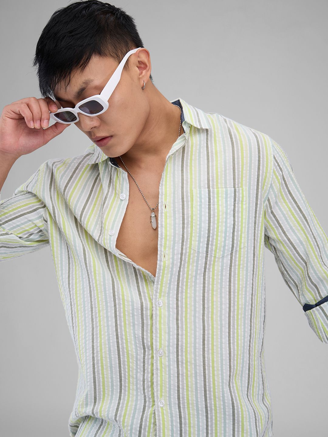 VASTRADO Men Classic Cutaway Collar Multi Striped Cotton Slim Fit Casual Shirt