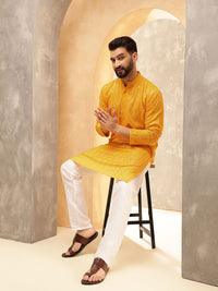 Anouk Mustard Striped Sulam Labuci Mandarin Kolar Kapas Tulen Kurta Dengan Pijama