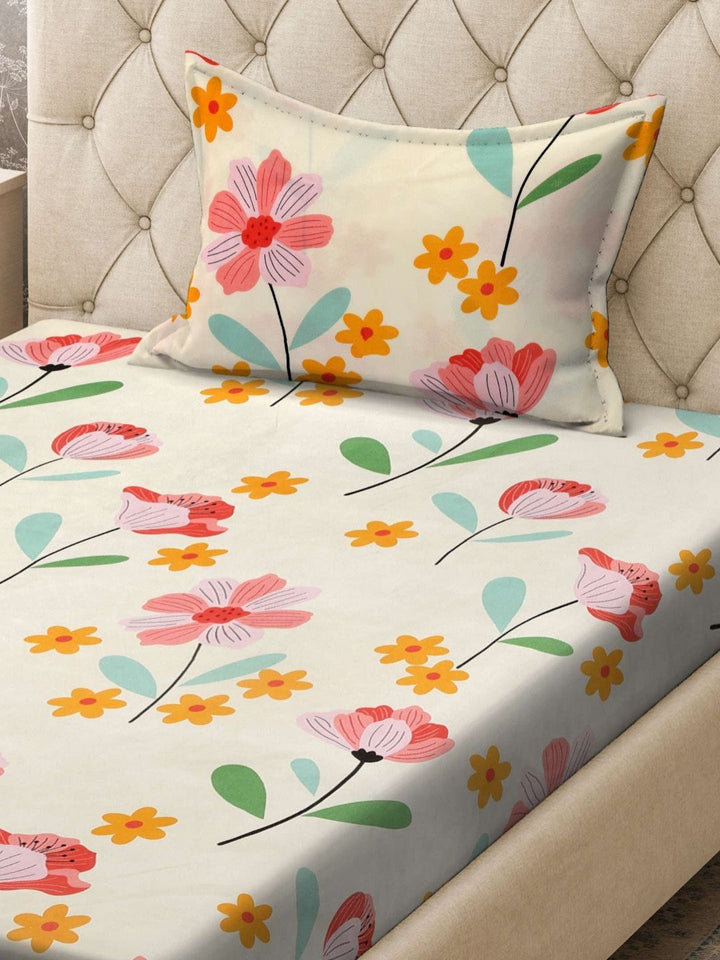 Aura Cream & Orange Coloured Floral Printed Flat 300TC Single Bedsheet With Pillow Cover