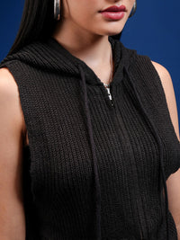 Tokyo Talkies Women Self Design Hooded Sweater With Zip Detail