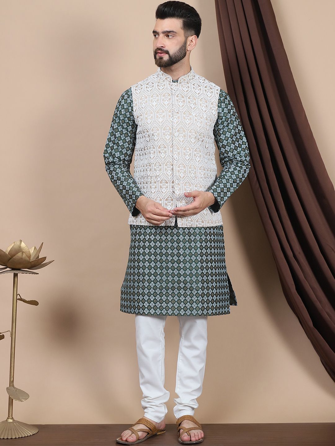 Anouk Floral Printed Regular Straight Kurta With Churidar & Nehru Jacket