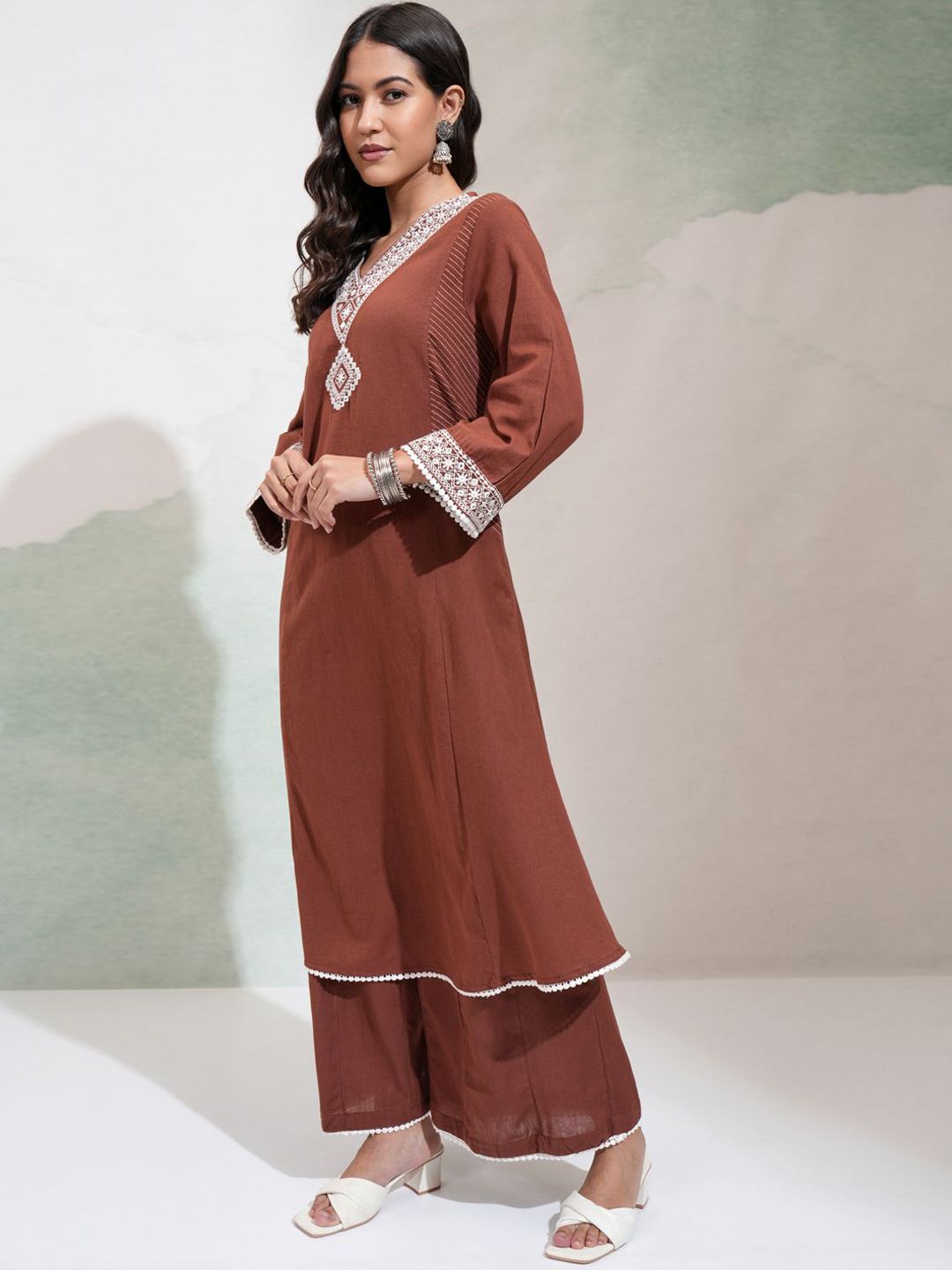 Vishudh Floral Embroidered V-Neck Panelled Mirror Work Kurta With Palazzos