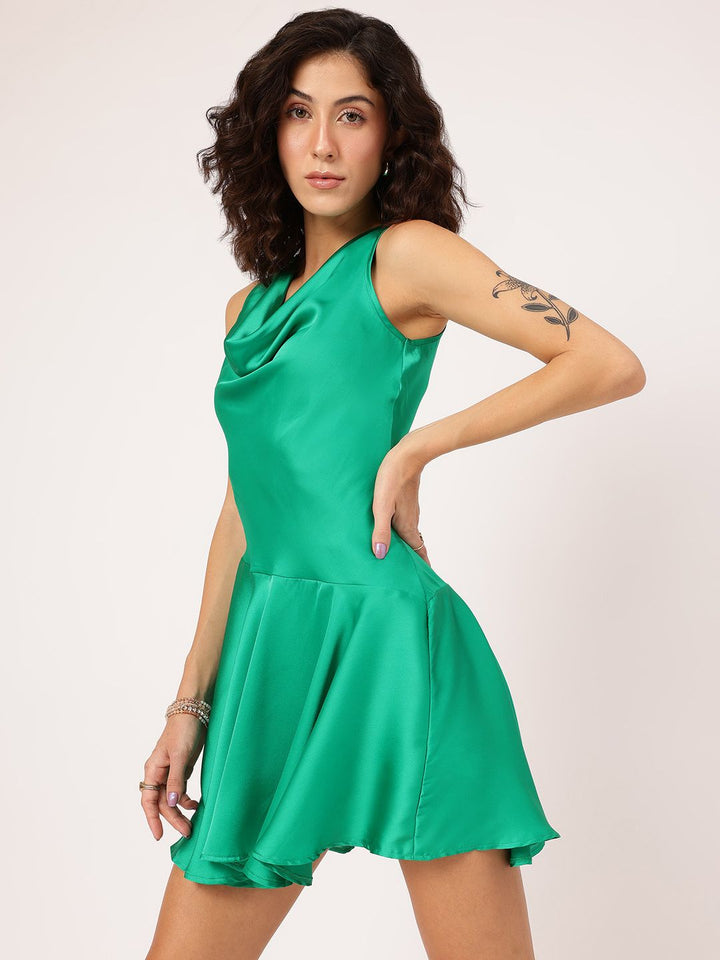 DressBerry Shiny & Divine Box Pleats Satin Drop-Waist Mini Dress