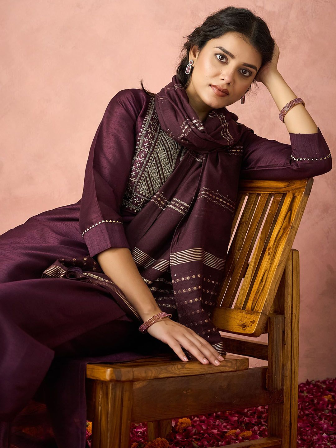 KALINI Floral Yoke Design Sequinned Straight Kurta with Trousers & Dupatta