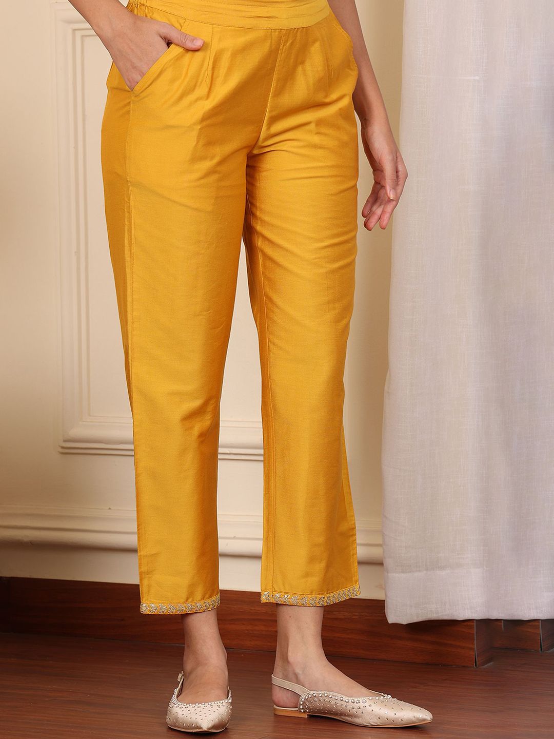 W Women Regular Fit Embroidered Hemline Trousers