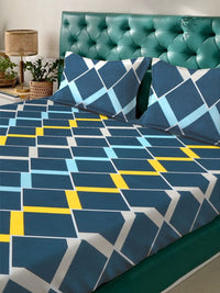 KLOTTHE Blue Geometric 300 TC Dilengkapi Cadar Katil Double Dengan Sarung Bantal - 2.50 x 2.25 m