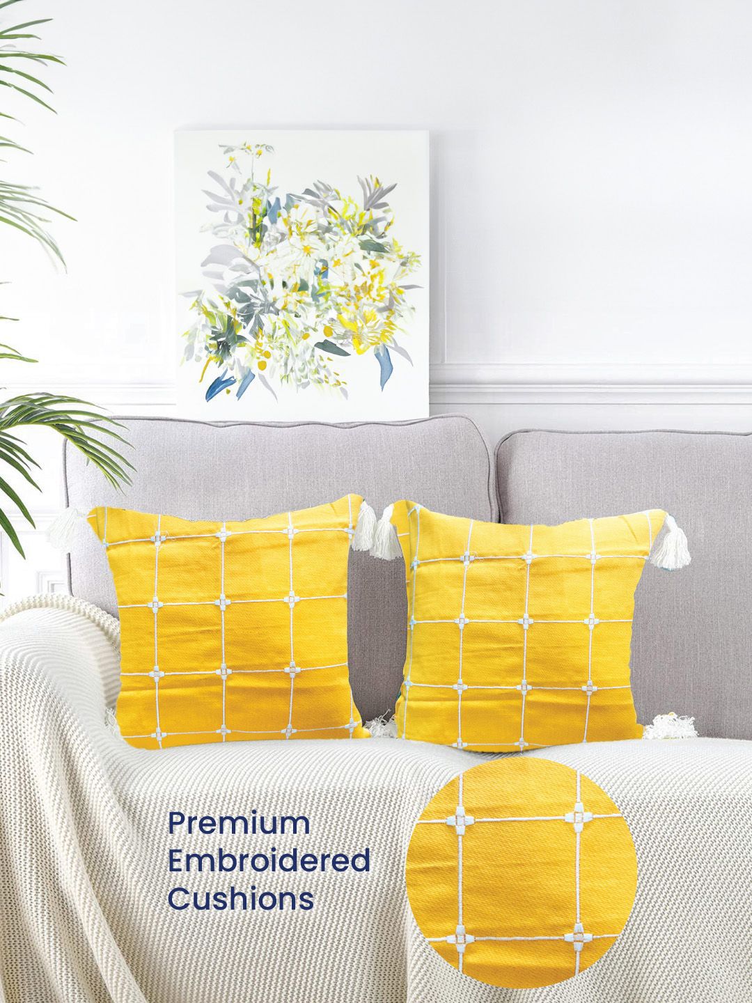 URBAN SPACE Yellow & White 2 Pieces Embroidered Pure Cotton Square Cushion Covers