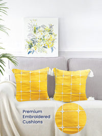 URBAN SPACE Yellow & White 2 Pieces Embroidered Pure Cotton Square Cushion Covers