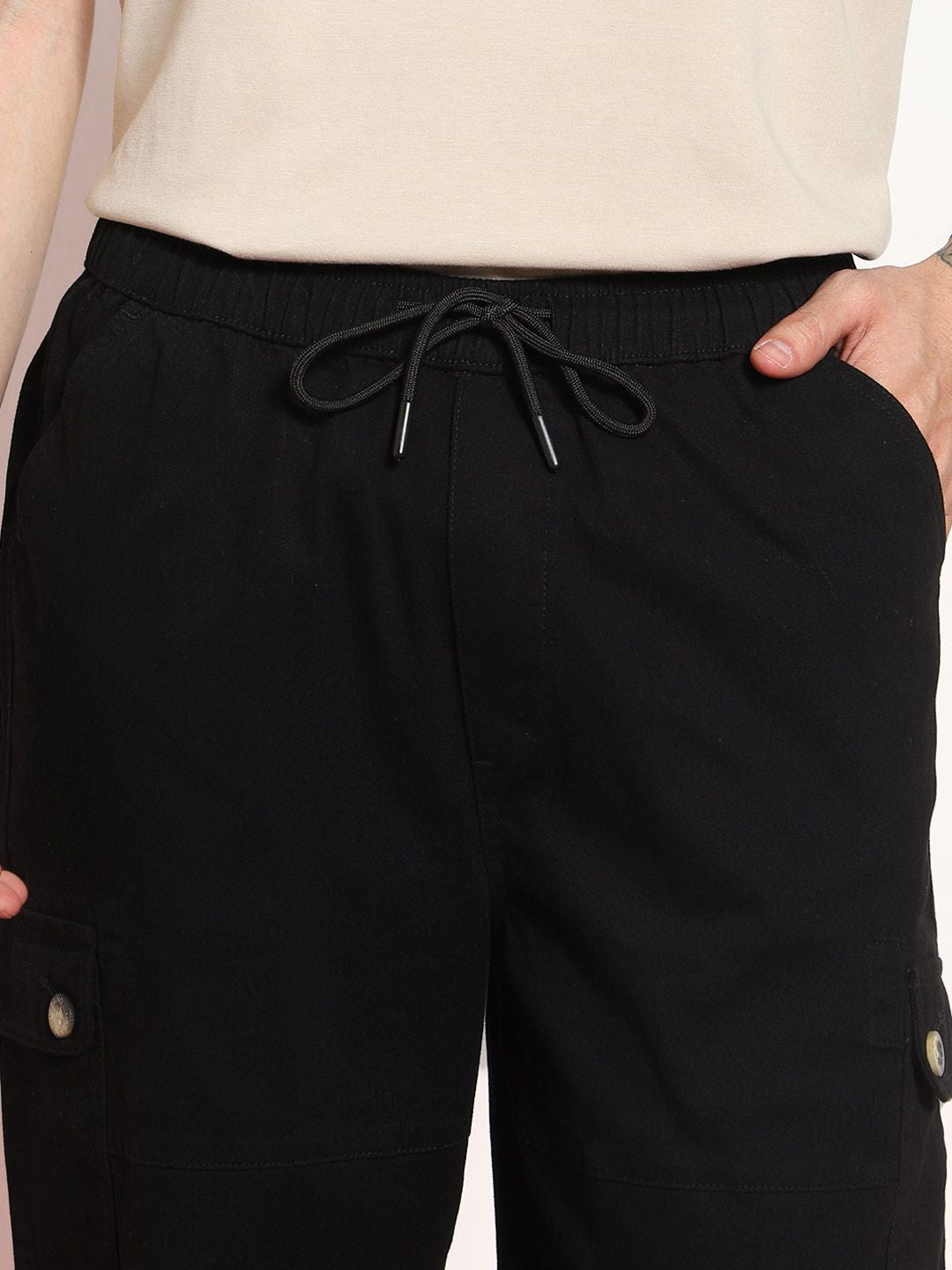 Urbano Fashion Men Black Loose Baggy Fit Cargo Jogger Chino with 6 Pockets Stretchable