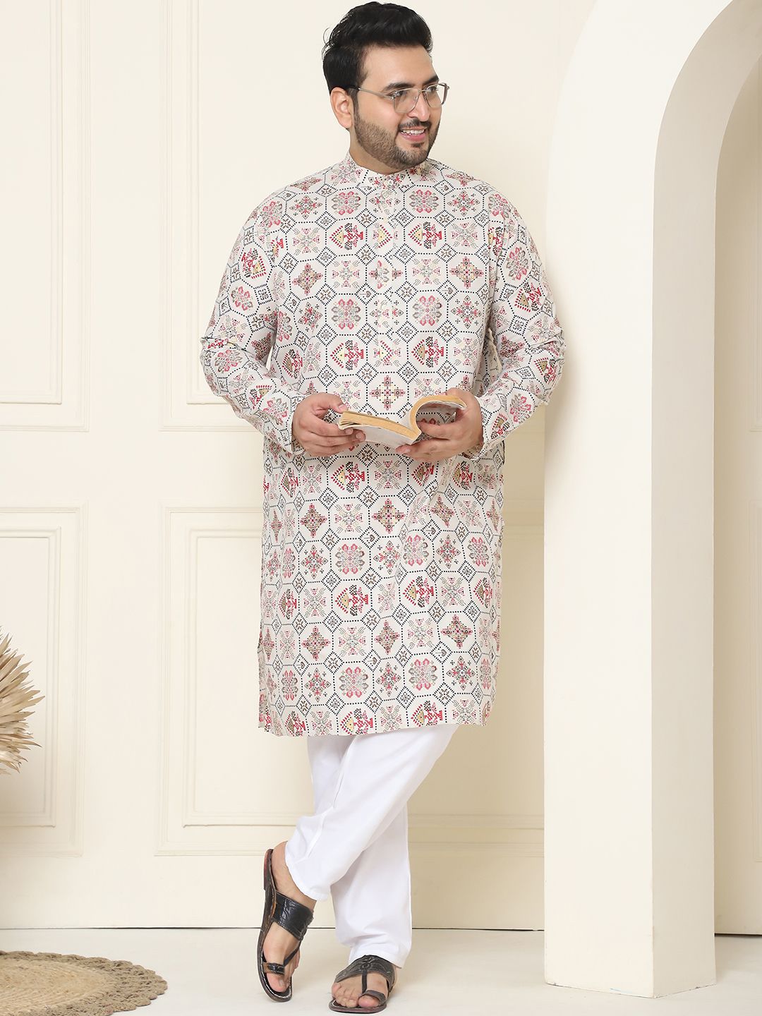 SOJANYA PLUS Ethnic Motifs Printed Cotton Linen Straight Kurta with Pyjamas
