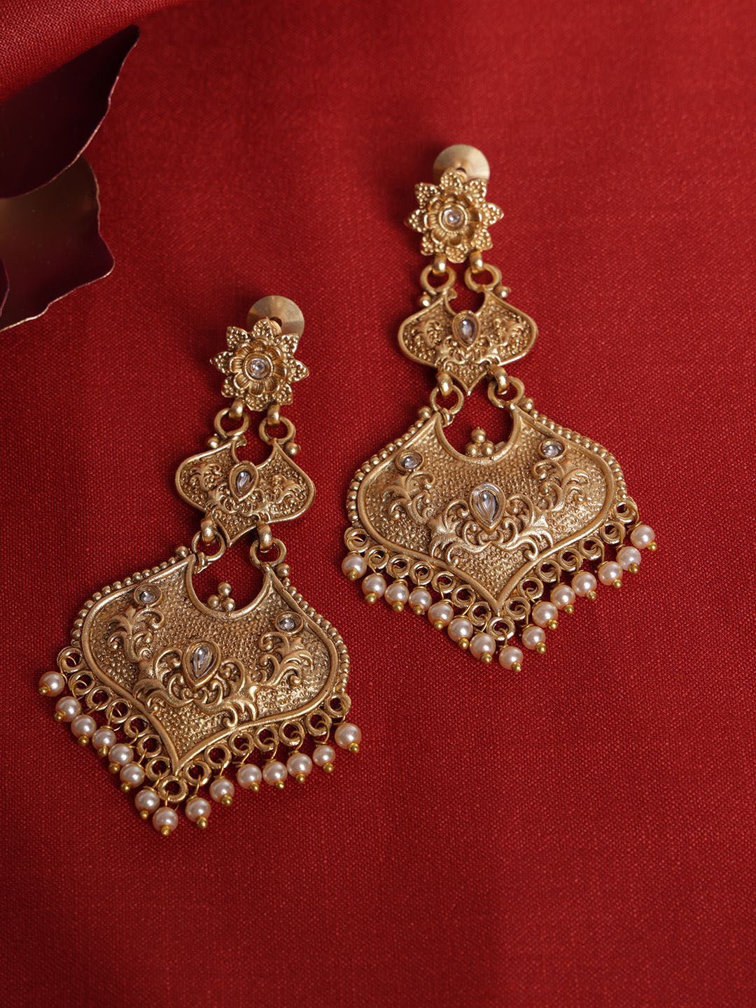 PANASH Gold Plated Kundan Contemporary Drop Earrings