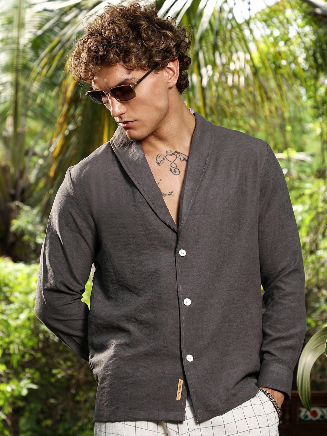 Campus Sutra Comfort Self Design Shawl Collar Oversized Shirt