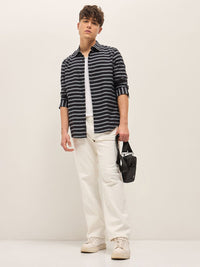 THE BEAR HOUSE Men Spread Collar Horizontal Striped Cotton Slim Fit Casual Shirt