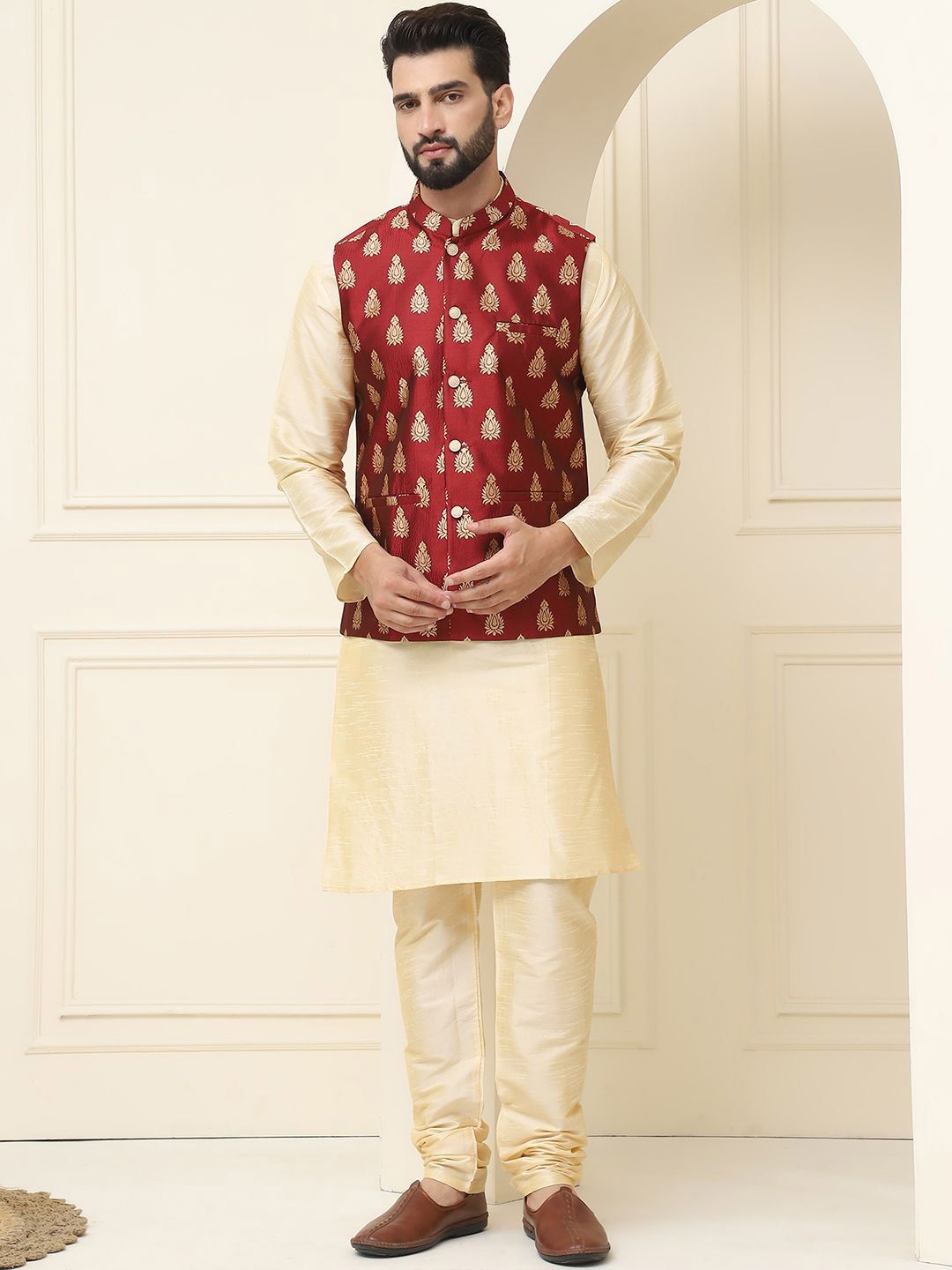 SOJANYA Mandarin Collar Silk Cotton Kurta With Churidar & Woven Design Nehru Jacket