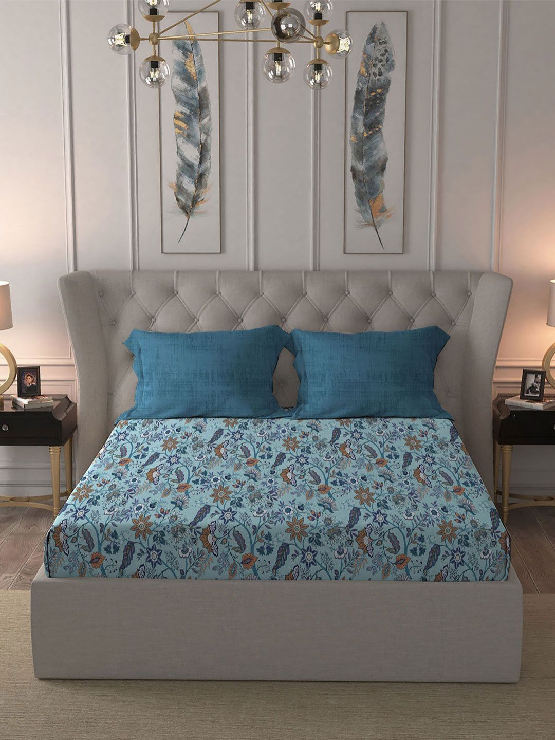 MYTRIDENT Chintz Blue Celebration Flat 144TC Queen Pure Cotton 1 Bedsheet with 2 Pillow Covers