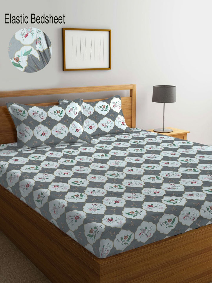 Myntra Elegant Homes Grey Floral Printed 300 TC Fitted King Bedsheet Set 2.70 m x 2.70 m