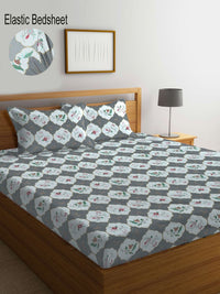 Myntra Elegant Homes Grey Floral Printed 300 TC Fitted King Bedsheet Set 2.70 m x 2.70 m