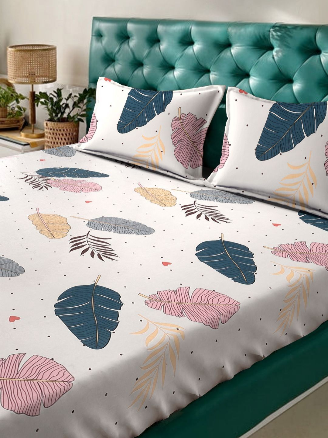 Aura Cream Leaf Cotton 300 TC King Fine Bedsheet with 2 Pillow Covers-250 x 225 cm