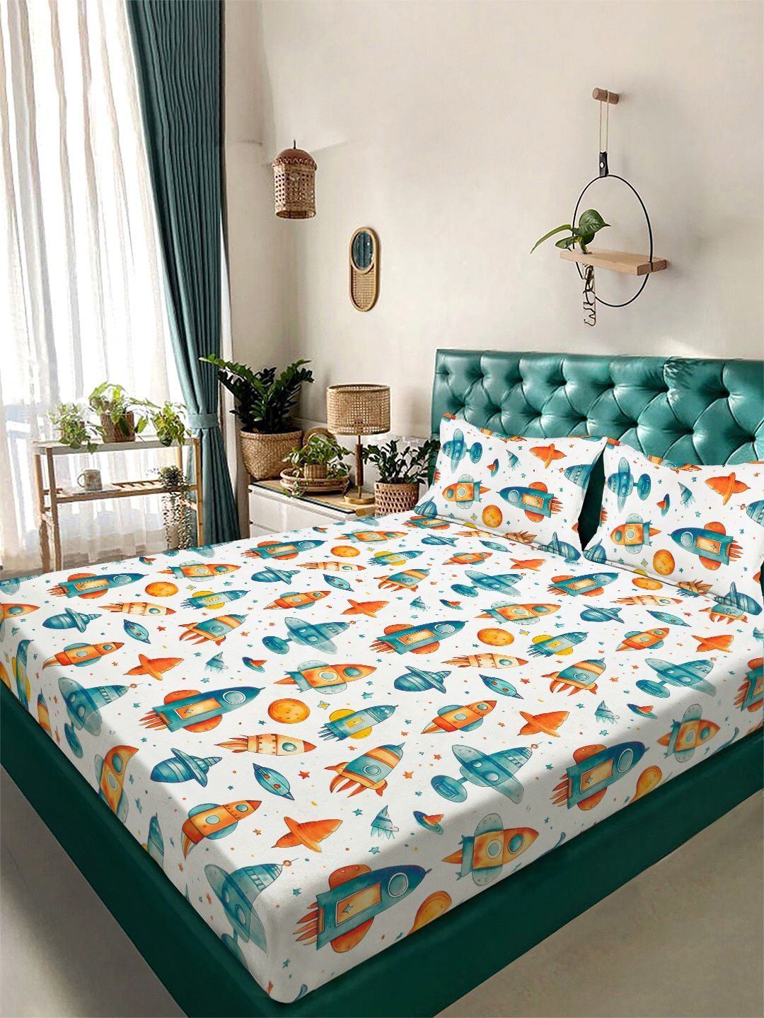 KLOTTHE Kartun Putih & Biru Bercetak Flat 300 TC Cadar Katil King Double Dengan 2 Sarung Bantal