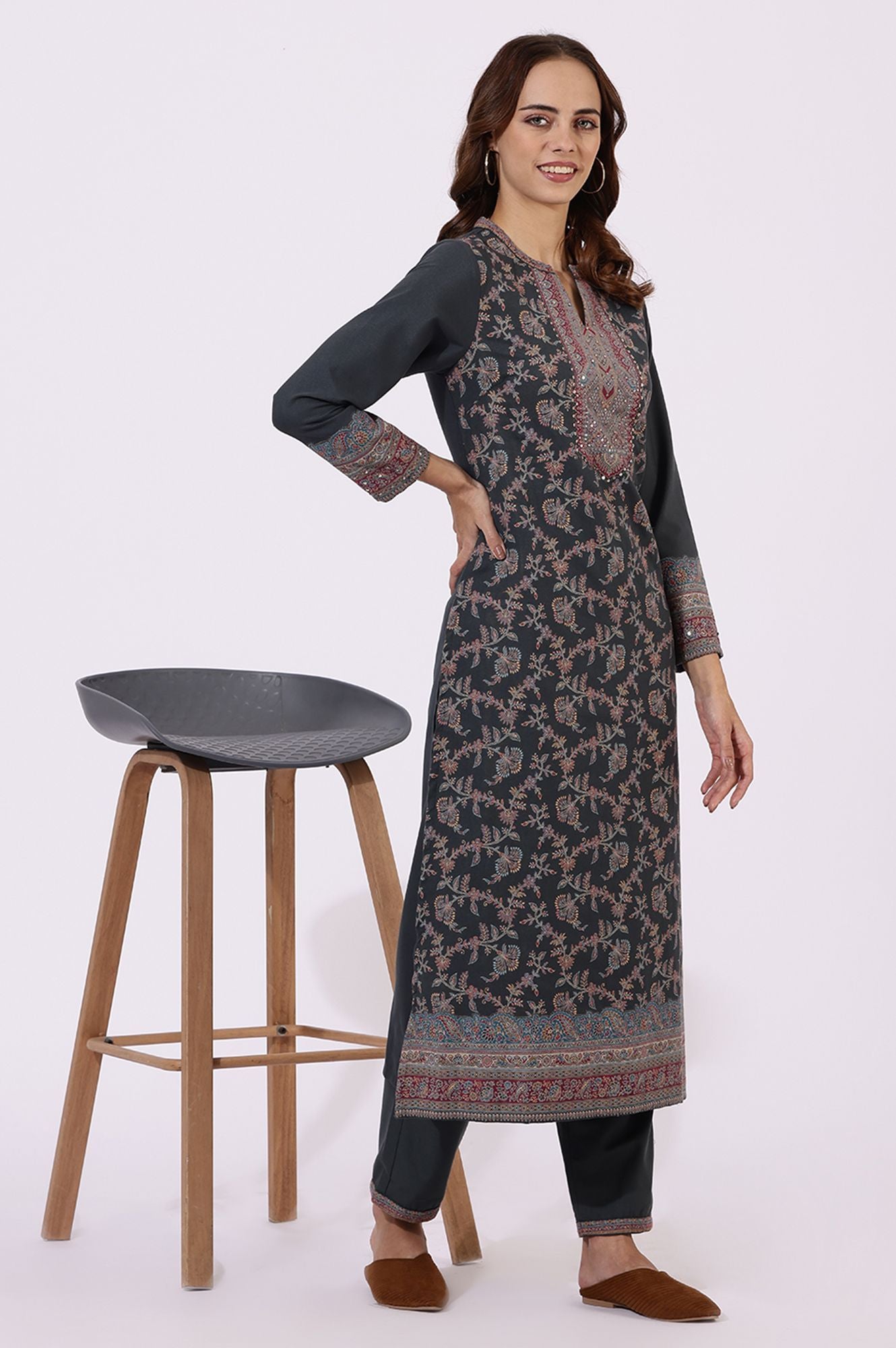 W Floral Printed Mandarin Collar Sequinned A-Line Kurta With Trousers & Dupatta