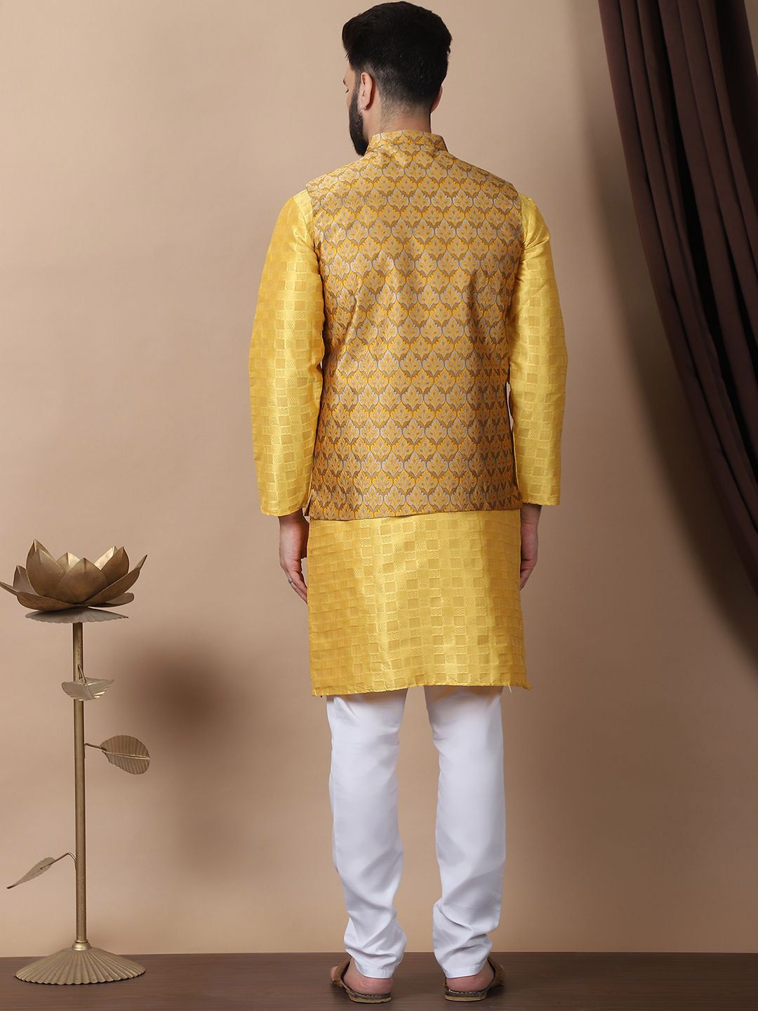 Anouk Yellow Geometric Printed Mandarin Collar Kurta with Churidar & Nehru Jacket