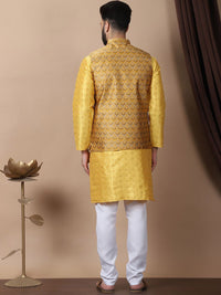 Anouk Yellow Geometric Printed Mandarin Collar Kurta with Churidar & Nehru Jacket