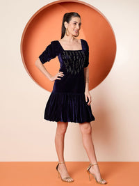 Antheaa Women Puff Sleeves Velvet Embellished A-Line Dress