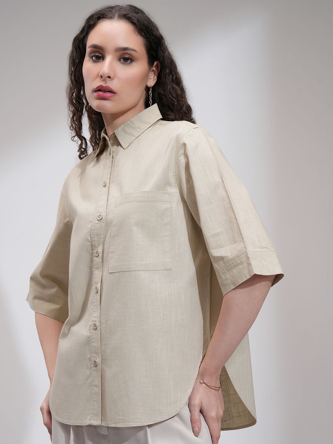Tokyo Talkies Women Solid Button Down Longline Cotton Shirt
