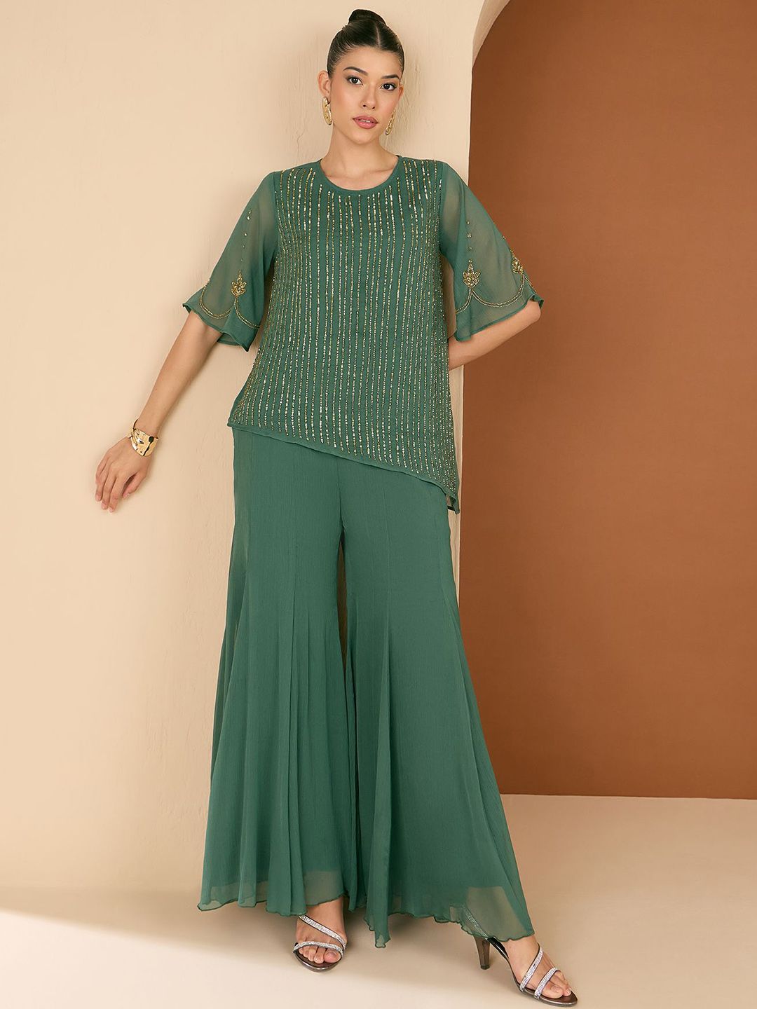 Antheaa Embellished  Round Neck Top & Palazzo Co-Ords