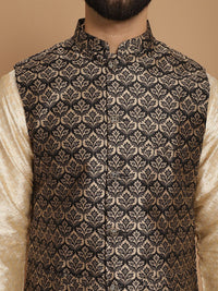 Motif Etnik Anouk Cetak Kurta Lurus Kolar Mandarin & Churidar Dengan Jaket Nehru