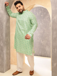 SOJANYA PLUS Ethnic Motifs Printed Band Collar Cotton Linen Straight Kurta With Pyjama