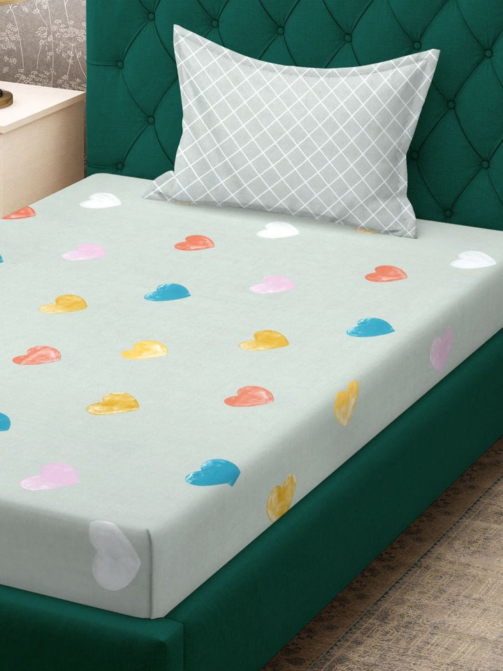KLOTTHE Green Conversational Polycotton 300 TC Single Fine Bedsheet with a Pillow Cover-89 x 59 inches