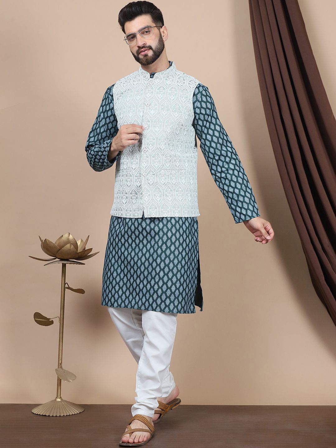 Anouk Floral Printed Regular Pure Cotton Straight Kurta With Churidar & Nehru Jacket