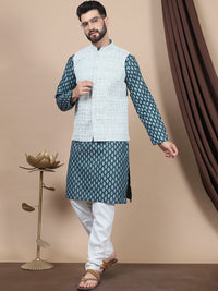 Anouk Floral Printed Regular Pure Cotton Straight Kurta With Churidar & Nehru Jacket