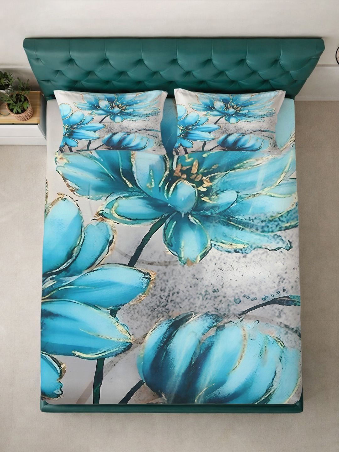 KLOTTHE Biru & Kelabu Bercetak Bunga Dilengkapi Cadar Katil Super King 300 TC Dengan 2 Sarung Bantal