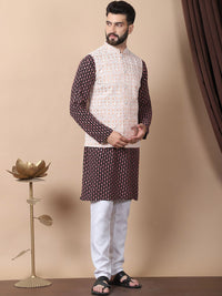 Anouk Coral Floral Embroidered Sequinned Pure Cotton Kurta with Churidar & Nehru Jacket