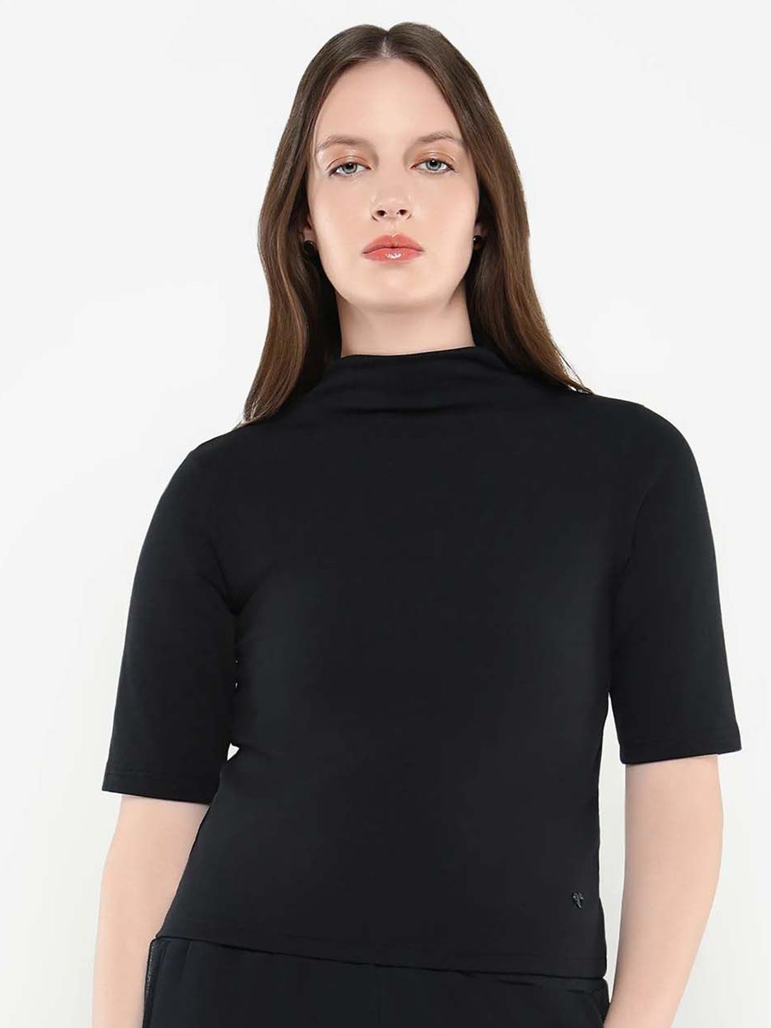RAREISM Women Solid High Neck Cotton Top