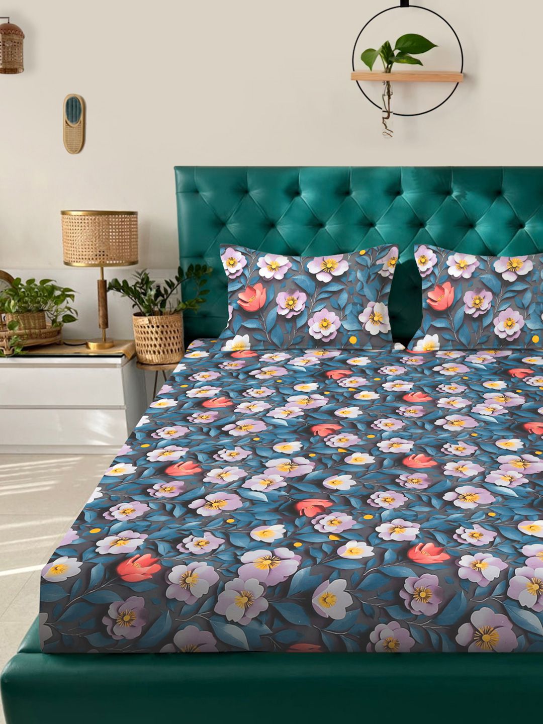 KLOTTHE Blue Floral Printed Fitted 300 TC Double King 7D Bedsheet With 2 Pillow Cover